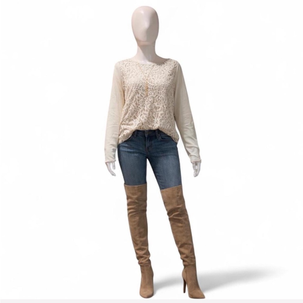 Cream sheer long sleeve top with lace overlay and sheer sleeves
